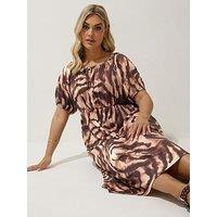 Yours Curve Zebra Smudge Puff Sleeve Dress - Brown