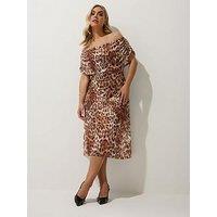 Yours Curve Leopard Bardot Dress - Brown