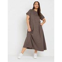 Yours Curve A Line Flare Cotton Dress - Brown
