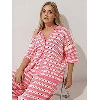 Yours Curve Stripe Crochet Shirt - Pink/White