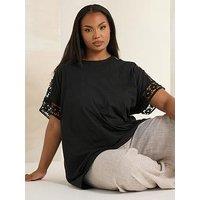 Yours Curve Boxy Crochet Insert T-Shirt - Black