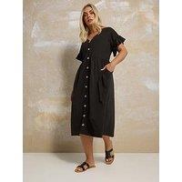 Yours Curve Frill Sleeve Button Peplum Dress - Black