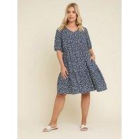 Yours Curve Ditsy Floral Print Tiered Dress - Blue