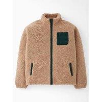 V By Very Boys Borg Contrast Zip Up Jacket - Stone Beige