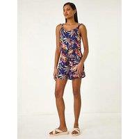 Roman Multi Leaf Print Tie Playsuit - Navy