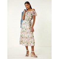 Roman Floral Print Bardot Midi Dress - Cream