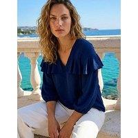 Roman Frill Front Woven Top - Navy