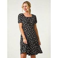 Roman Petite Ditsy Floral Tie Detail Dress - Black