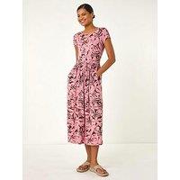 Roman Floral Print Stretch Midi Dress - Pink