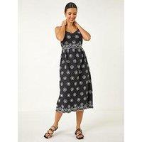 Roman Embroidered Strap Sun Midi Dress - Black