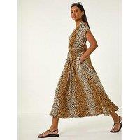 Roman Animal Print Shirred Waist Maxi Dress - Camel