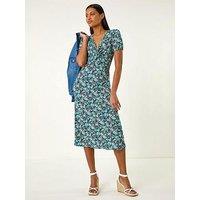 Roman Floral Front Twist Stretch Midi Dress - Navy