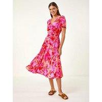 Roman Shadow Floral Print Shirred Midi Dress - Pink
