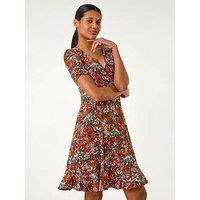 Roman Floral Print V-Neck Wrap Stretch Dress - Rust