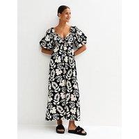New Look Folk Floral Print Puff Sleeve Midi Dress - Black