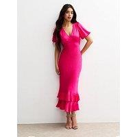 New Look Satin Puff Sleeve Ruffled Midi Dress - Pink
