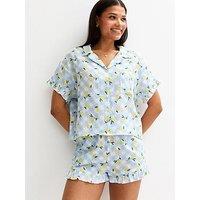 New Look Blue Lemon Gingham Print Textured Revere Collar Pyjama Set
