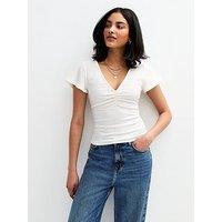 New Look Off White Ruched Crinkled Top - Cream