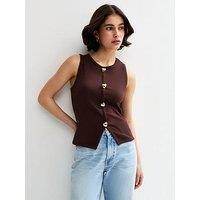 New Look Heart Button Ribbed Vest - Brown