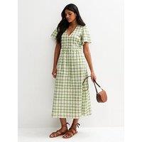 New Look Gingham Check V-Neck Button Front Midi Dress - Green