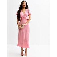 New Look V-Neck Satin Ruffled Midi Dress - Pink