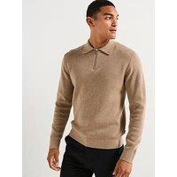Jack & Jones Milano Stretch Quarter Zip Knitted Polo Shirt - Beige