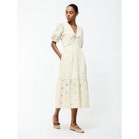 French Connection Cotton Puff Sleeve V-Neck Embroidered Midi Dress - Yellow