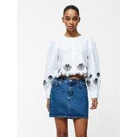 French Connection Cotton Embroidered Long Sleeve Grandad Collar Scalloped Hem Cropped Shirt - Multi