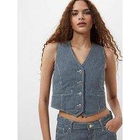 French Connection Cotton Blend Striped V-Neck Tie Denim Waistcoat - Multi