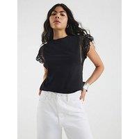 River Island Short Sleeve Lace Hybrid Sleeve Tee - Black