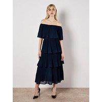 Apricot Summer Plisse Bardot Midi Dress