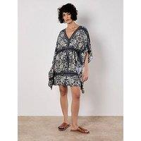 Apricot Kimono Scarf Print Dress - Blue