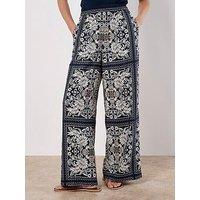 Apricot Kimono Scarf Print Flare Trousers - Blue
