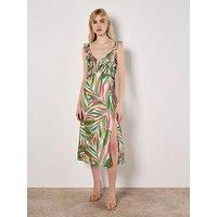Apricot Palm Print Ruffle Midi Dress - Green