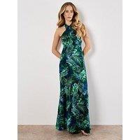 Apricot Tropical Leaf Print Satin Maxi Dress - Blue