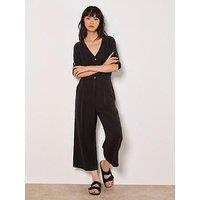 Apricot V Neck Cropped Jumpsuit - Black