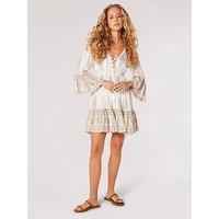 Apricot Bohemian Lurex Bell Sleeve Dress - Cream