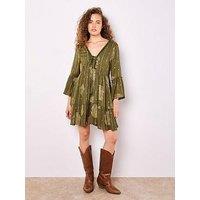 Apricot Bohemian Lurex Bell Slv Dress - Green