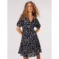 Apricot Mono Leaf Tie Thru Puff Slv Dress