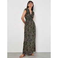 Apricot Rustic Leaves Smock V-Neck Maxi Dress - Green