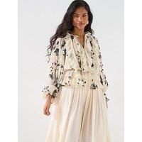 V By Very Printed Ruffle Detail Blouse - Cream