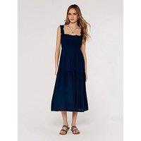 Apricot Slub Viscose Smock Tiered Midi Dress - Blue