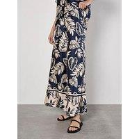 Apricot Palm Leaf Flare Satin Trousers - Blue