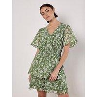 Apricot Watercolour Rose Layered Mini Dress - Green