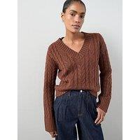 The Very Collection Cosy Yarn V Neck Cable Knit Jumper With Wool - Brown
