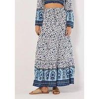 Apricot Sarasa Border Tiered Floral Skirt - Cream/Blue