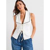 V By Very Contrast Piping Tie Up Top - Ecru