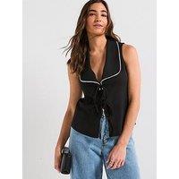 V By Very Contrast Piping Tie Up Top - Black