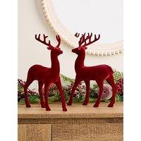 Very Home Set Of 2 Red Flocked Standing Reindeer Christmas Decorations - Red