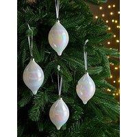 Very Home Set Of 4 White Iridescent Waved Glass Teardrop Christmas Tree Baubles